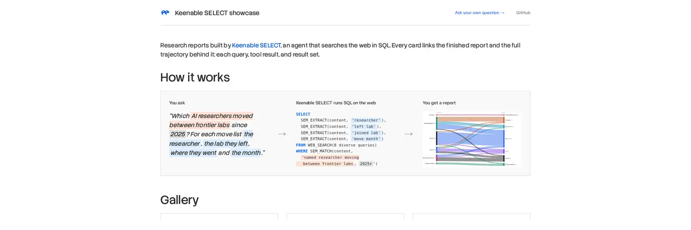 keenable select an agent that searches the web in sql