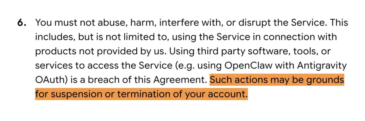 google antigravity tos 3rd party usage can get google account suspended