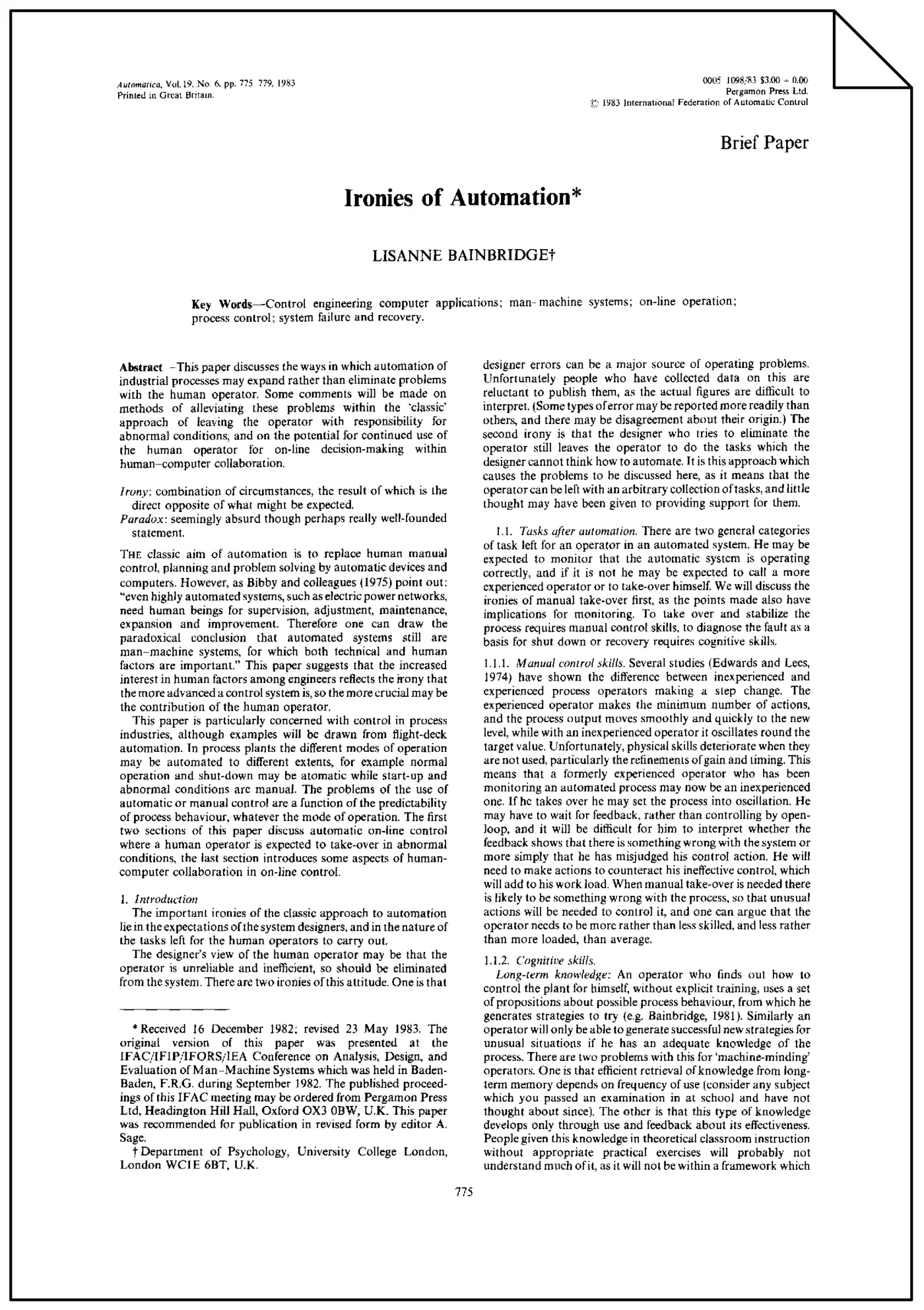 ironies of automation 1983 pdf