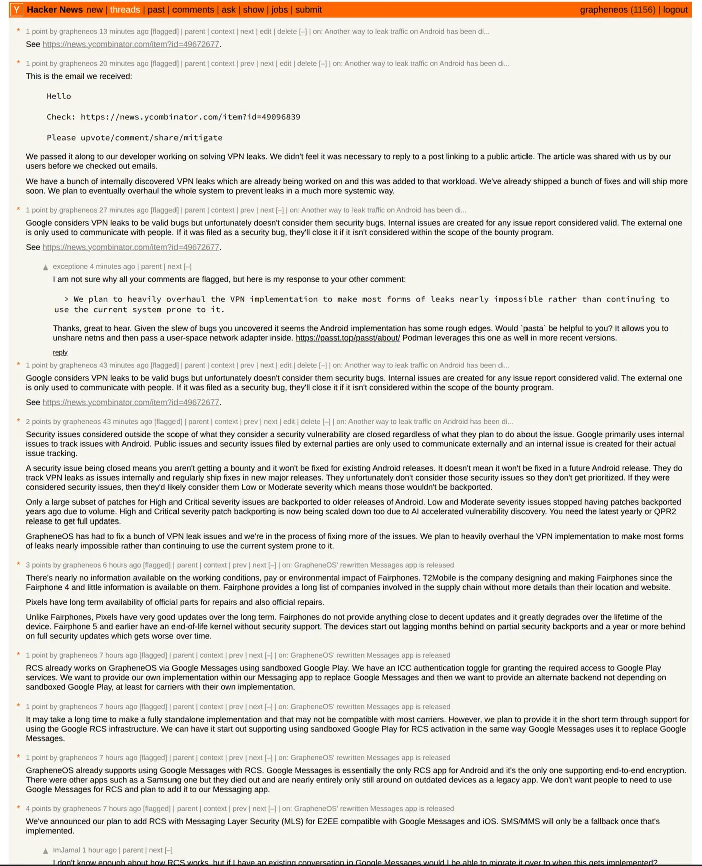grapheneos nearly all of our recent posts on hacker news are being flagged
