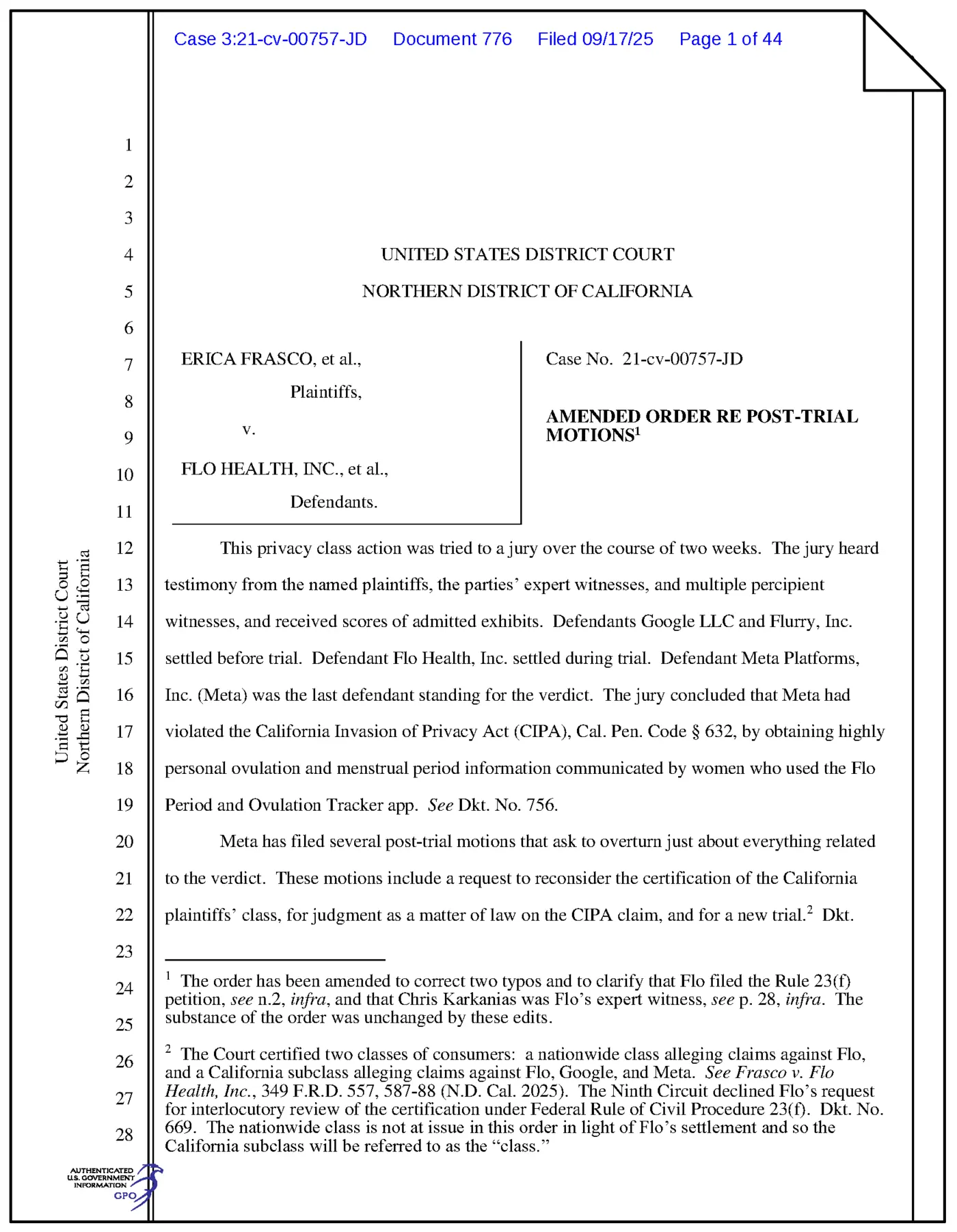 frasco v flo health 321cv00757jd wiretap liability meta platforms pdf