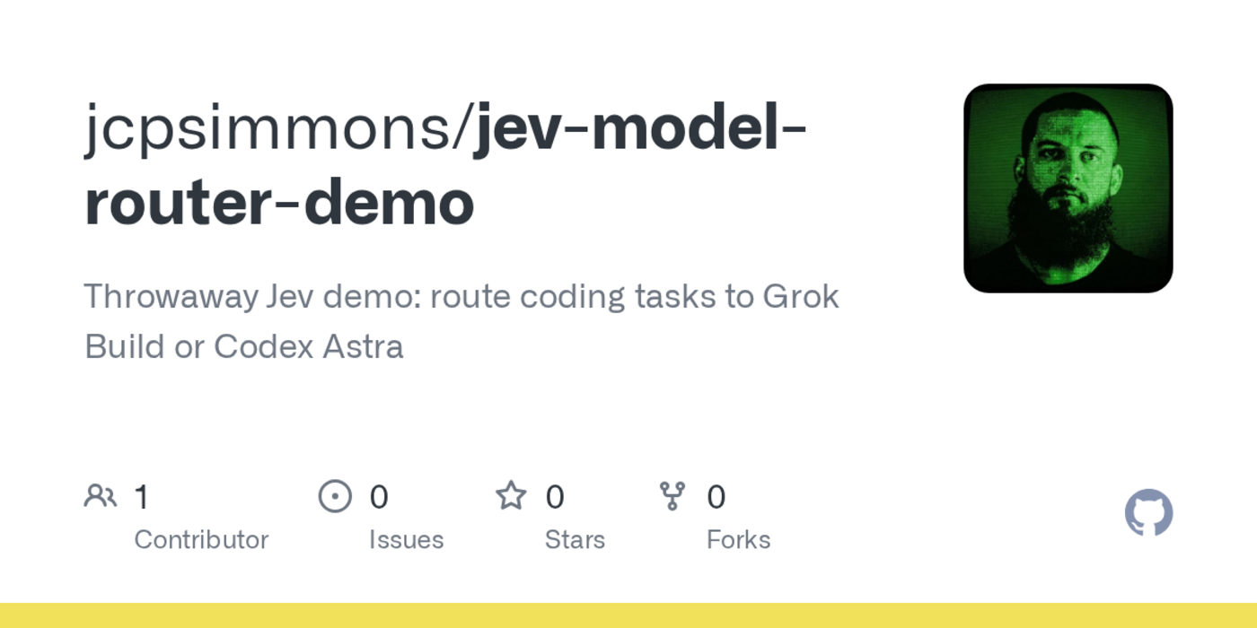 show hn jev routing coding tasks to grok build or codex astra