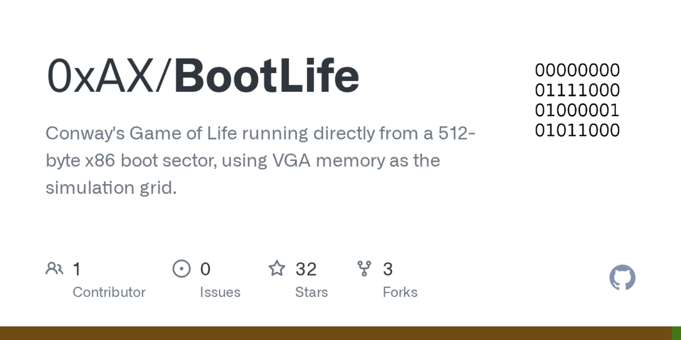 show hn conwayx27s game of life in boot sector