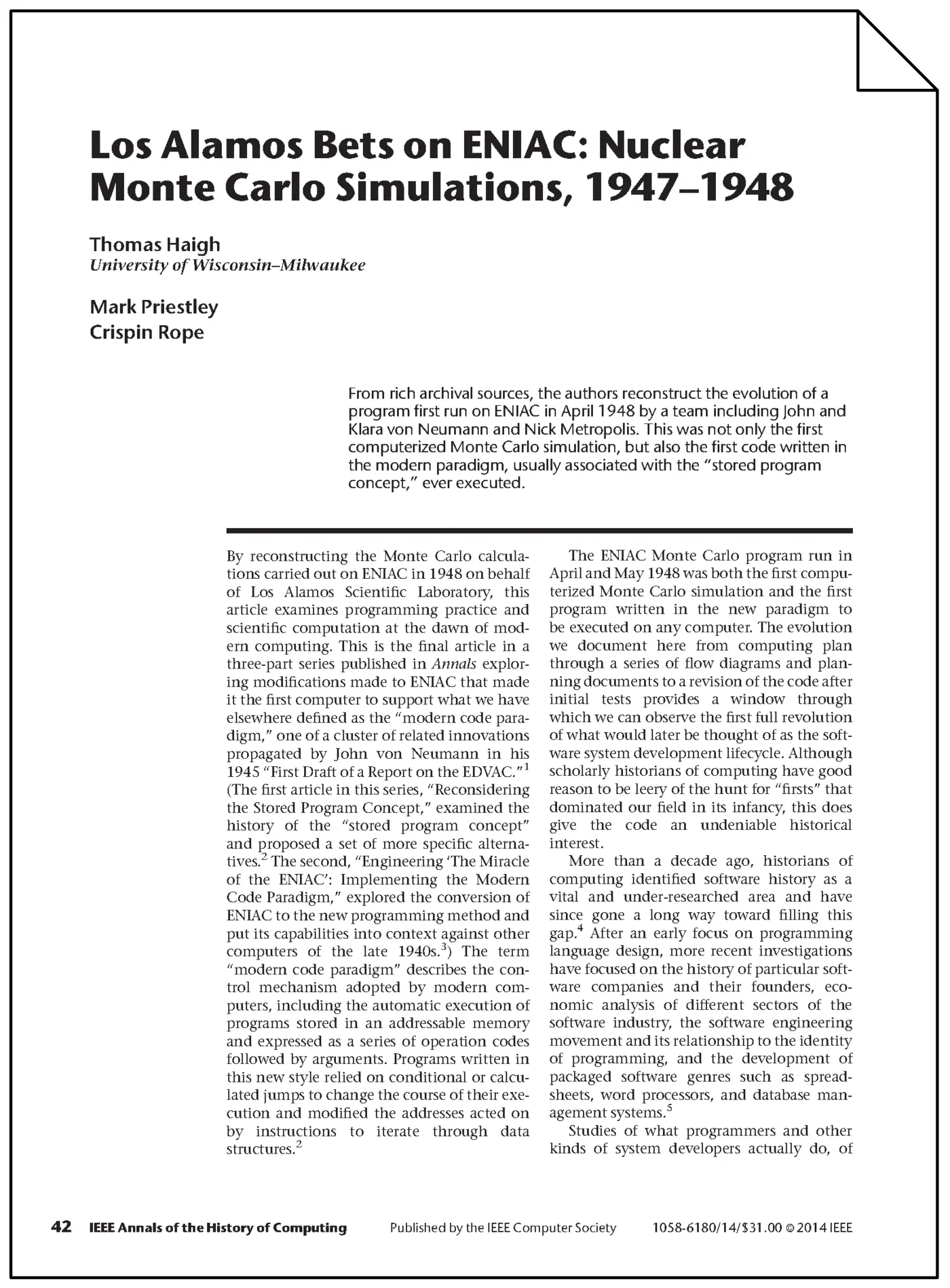 los alamos bets on eniac nuclear monte carlo simulations 19471948 2014 pdf