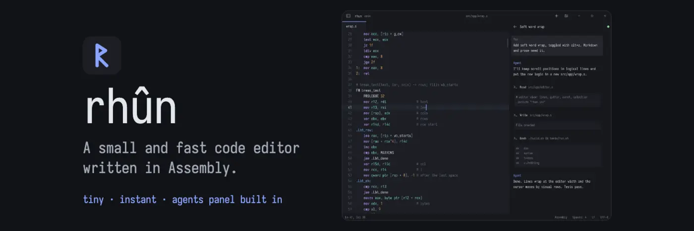 show hn rhun an opensource code editor written in assembly