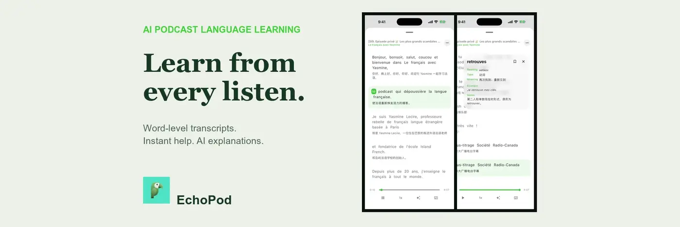 show hn echopod learn languages with podcasts via ai transcripts