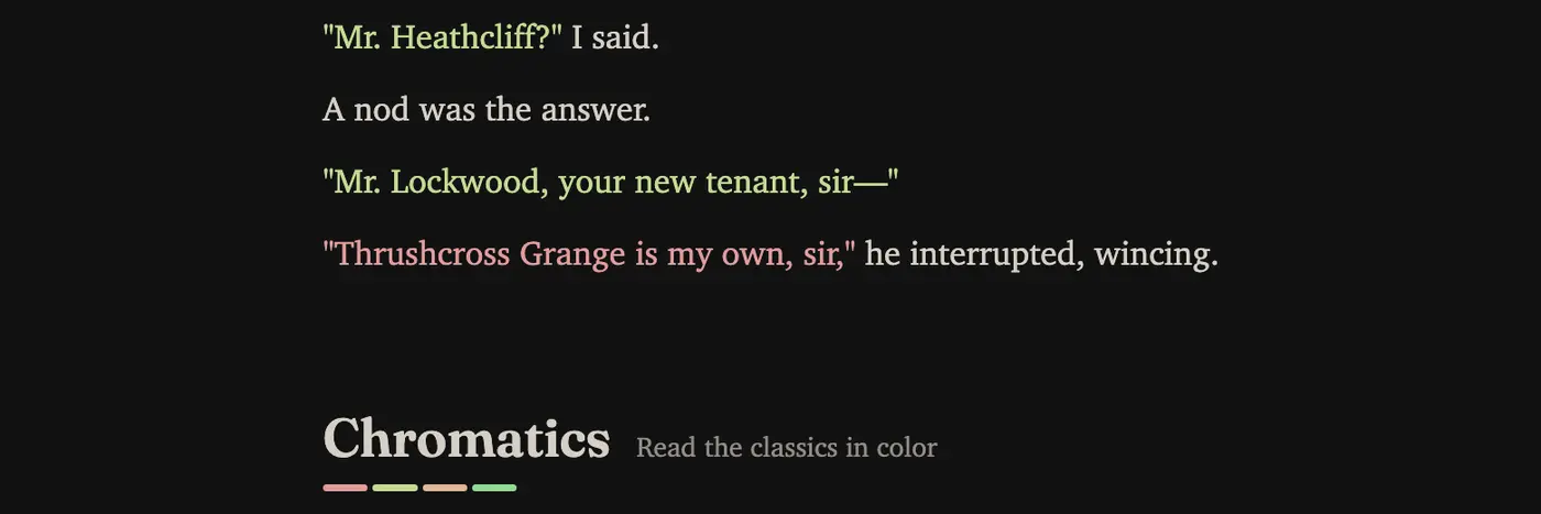 show hn chromatics a classics reader that colors every characterx27s dialogue