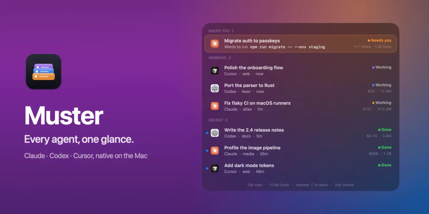 show hn muster a mac menu bar switcher for claude code codex and cursor