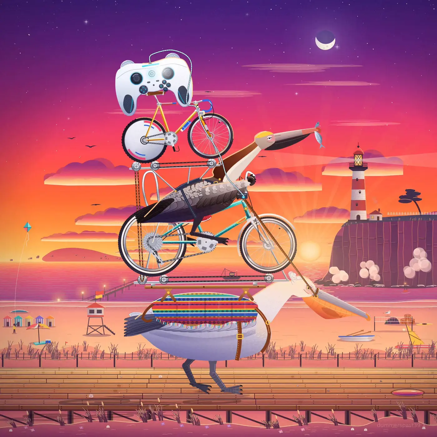 fable 55 svg of a controller riding a bicyle riding a pelican riding a bicycle