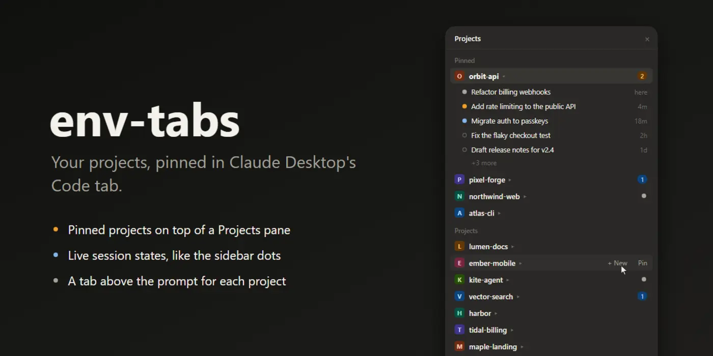show hn envtabs pin your projects in claude desktopx27s code tab