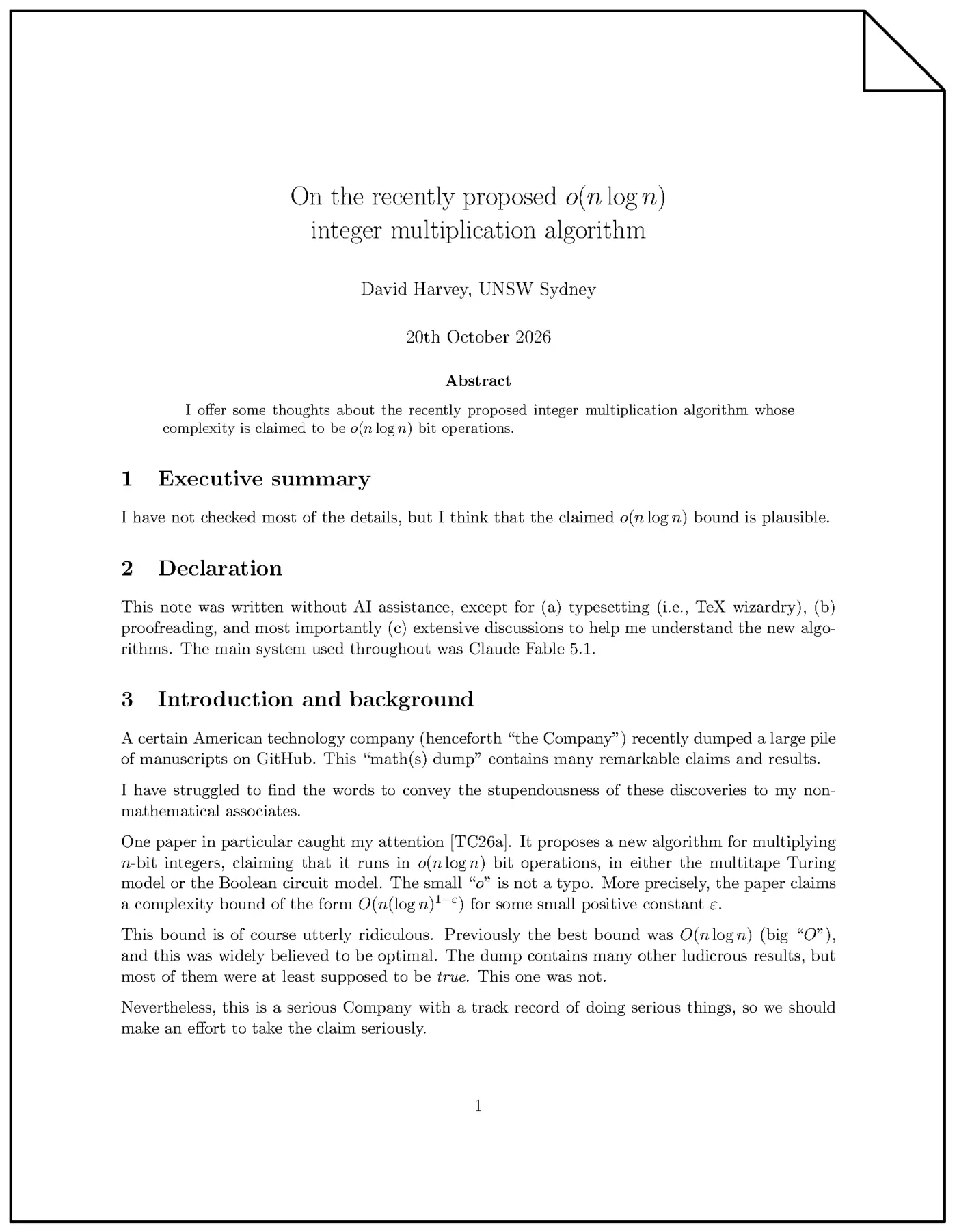 the recently proposed on log n integer multiplication algorithm pdf