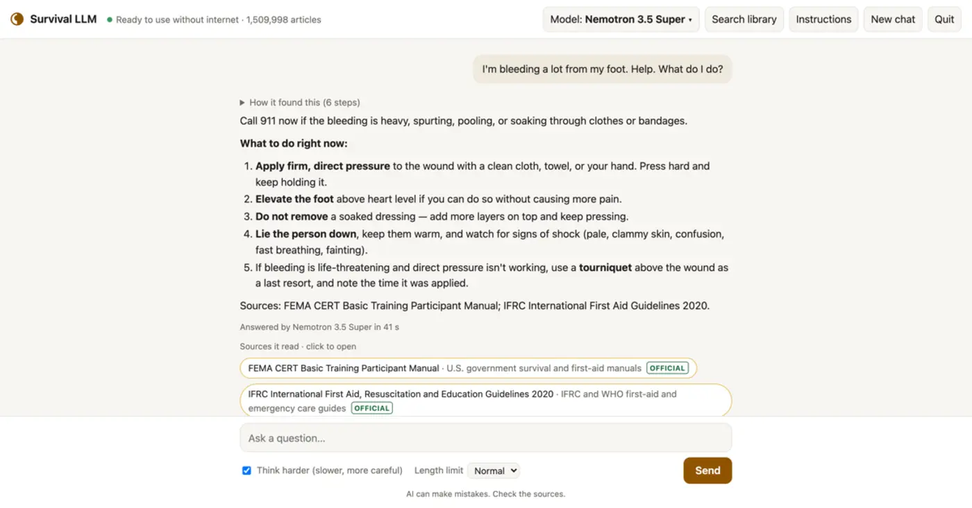 survival llm ai assistant and emergency library that runs on your own computer